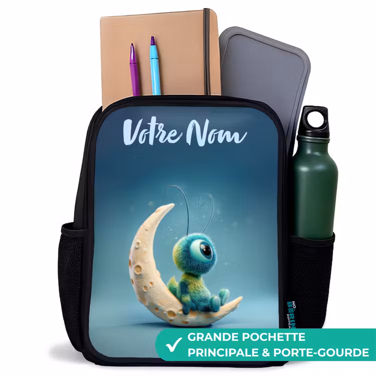 Sac à dos enfant avec votre nom - Noir - Créature rêveuse sur la lune — 10