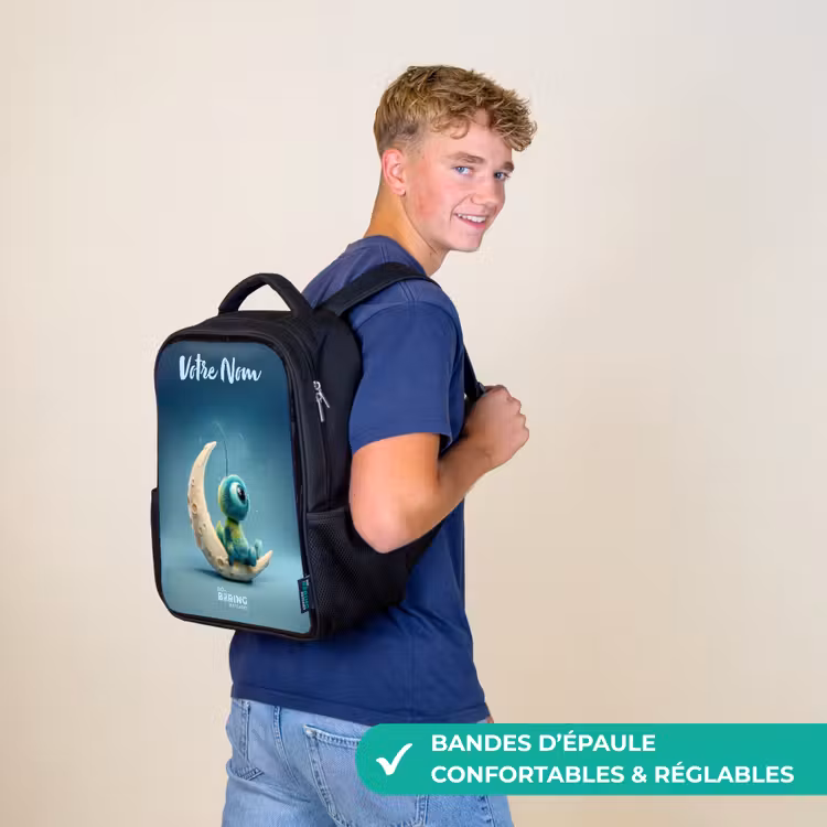 Sac à dos enfant avec votre nom - Noir - Créature rêveuse sur la lune — 11