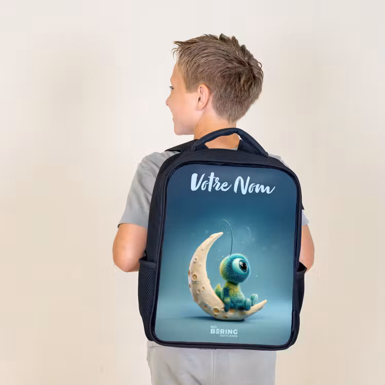 Sac à dos enfant avec votre nom - Noir - Créature rêveuse sur la lune — 2
