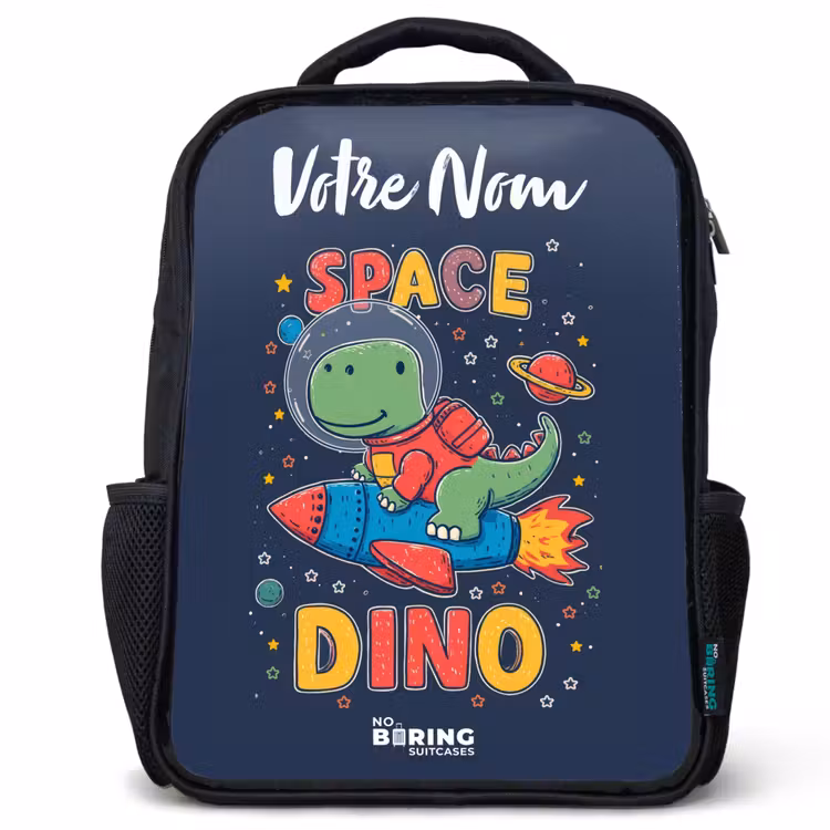 Sac à dos enfant avec votre nom - Noir - Dinosaure - Vert - Fusée - Ciel étoilé — 1