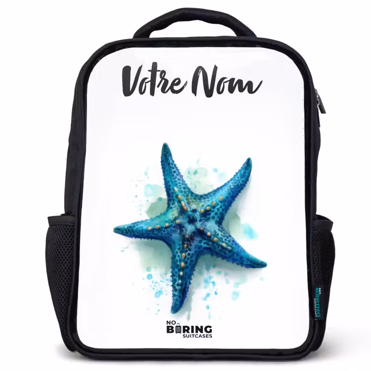 Sac à dos enfant avec votre nom - Noir - Étoile de mer bleue sur fond blanc — 1
