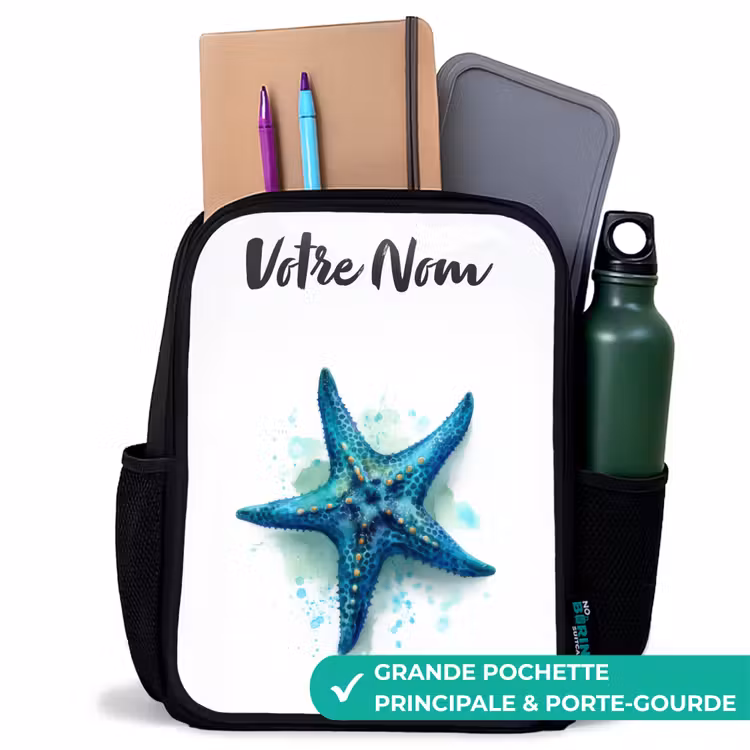 Sac à dos enfant avec votre nom - Noir - Étoile de mer bleue sur fond blanc — 10