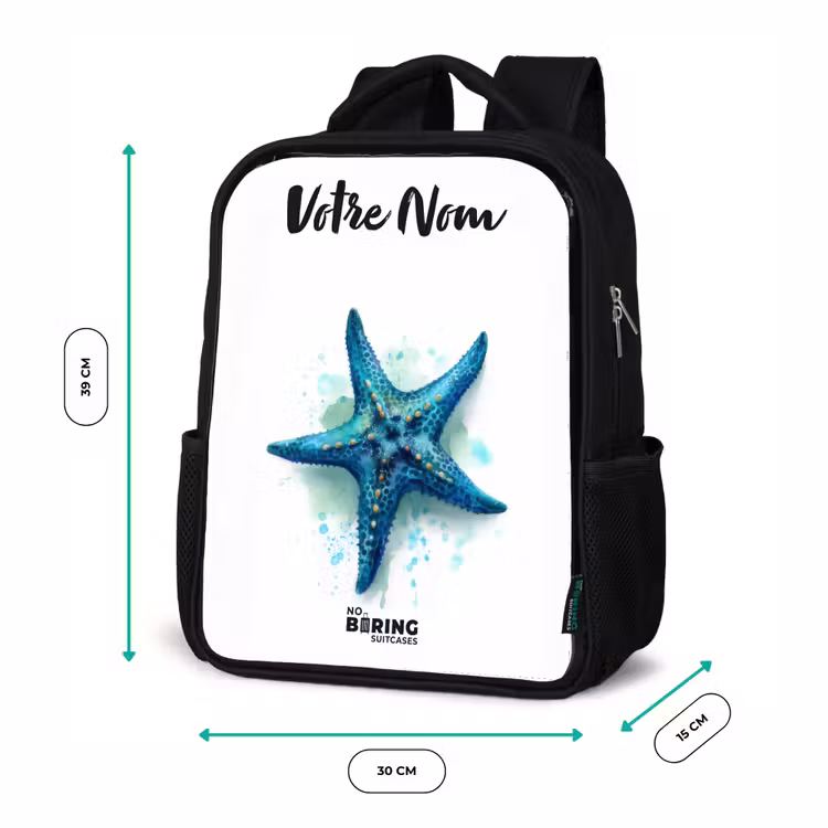 Sac à dos enfant avec votre nom - Noir - Étoile de mer bleue sur fond blanc — 8