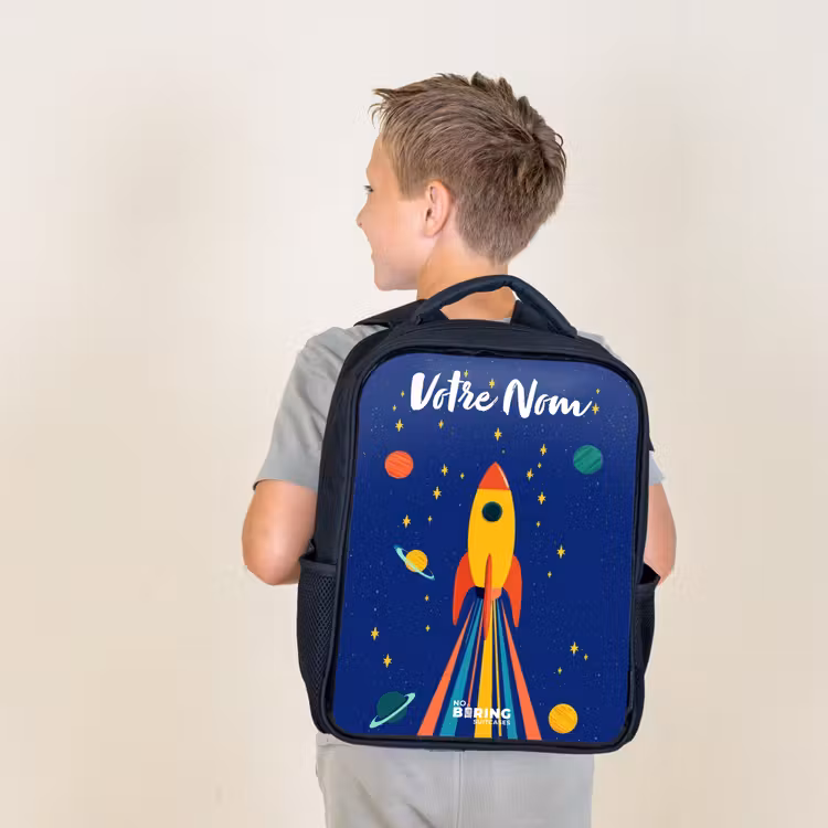Sac à dos enfant avec votre nom - Noir - Fusée - Étoiles - Planète - Espace — 2