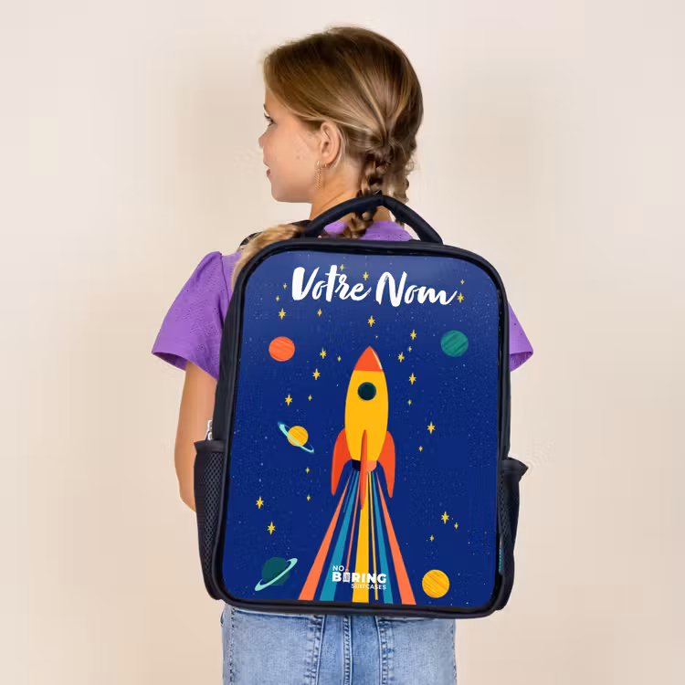 Sac à dos enfant avec votre nom - Noir - Fusée - Étoiles - Planète - Espace — 4
