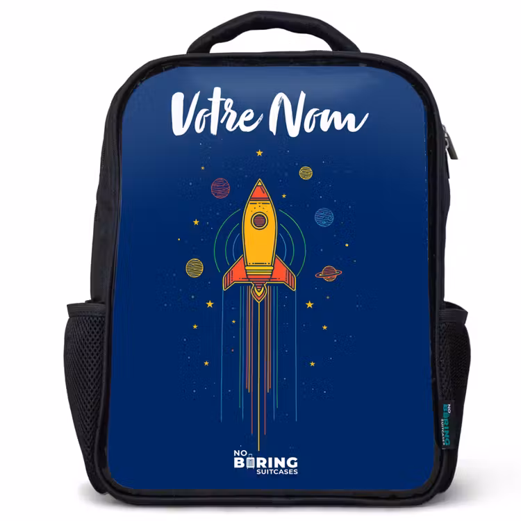Sac à dos enfant avec votre nom - Noir - Fusée - Planètes - Étoiles — 1