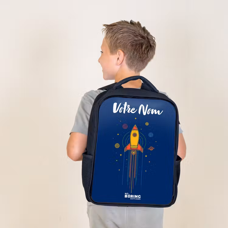 Sac à dos enfant avec votre nom - Noir - Fusée - Planètes - Étoiles — 2