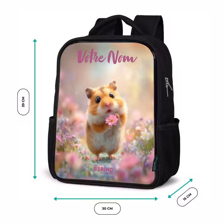 Sac à dos enfant avec votre nom - Noir - Hamster - Fleur - Nature - Animal — 8