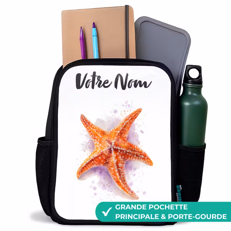 Sac à dos enfant avec votre nom - Noir - Illustration de l'étoile de mer orange — 10