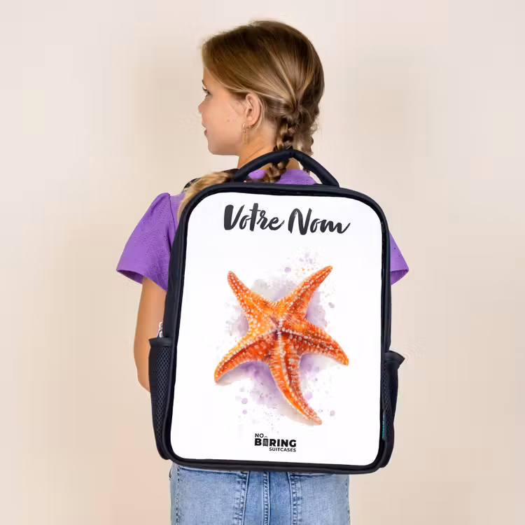 Sac à dos enfant avec votre nom - Noir - Illustration de l'étoile de mer orange — 4