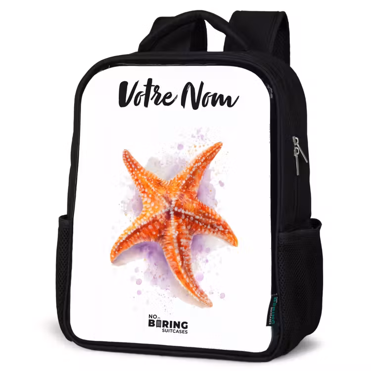 Sac à dos enfant avec votre nom - Noir - Illustration de l'étoile de mer orange — 6