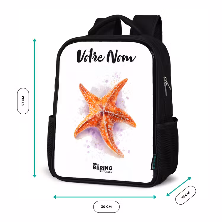 Sac à dos enfant avec votre nom - Noir - Illustration de l'étoile de mer orange — 8