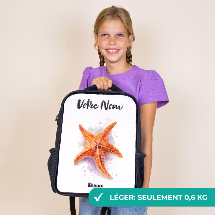 Sac à dos enfant avec votre nom - Noir - Illustration de l'étoile de mer orange — 9