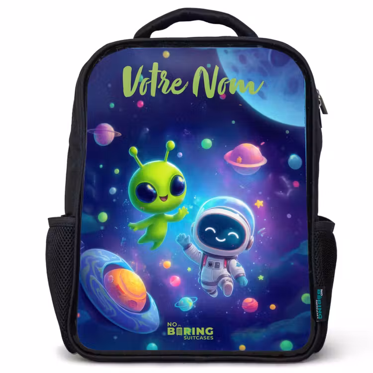 Sac à dos enfant avec votre nom - Noir - Joyeuse rencontre dans l'espace — 1