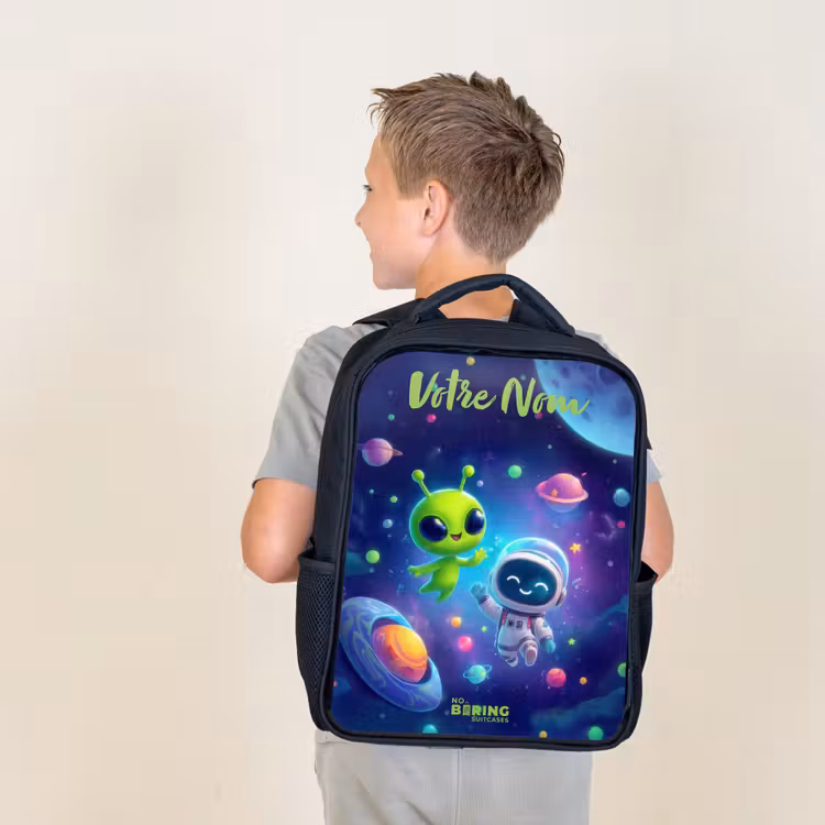 Sac à dos enfant avec votre nom - Noir - Joyeuse rencontre dans l'espace — 2