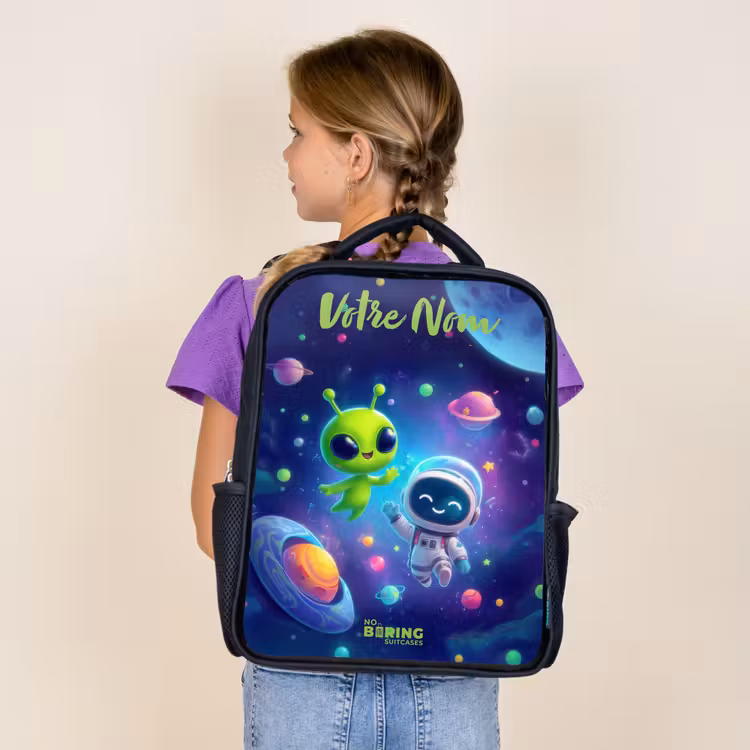 Sac à dos enfant avec votre nom - Noir - Joyeuse rencontre dans l'espace — 4