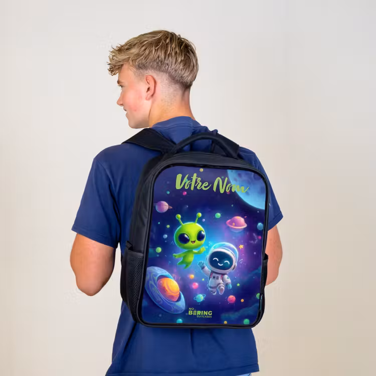 Sac à dos enfant avec votre nom - Noir - Joyeuse rencontre dans l'espace — 5