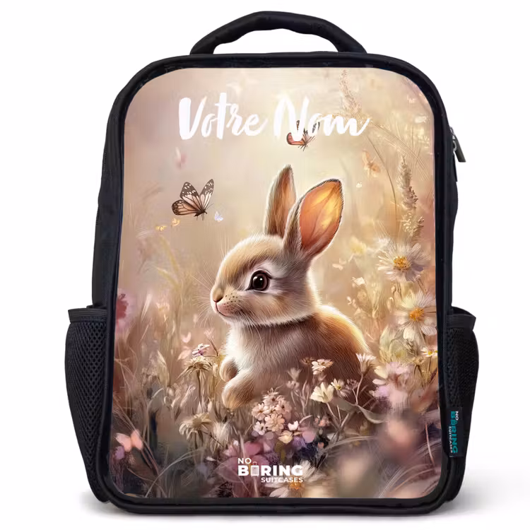Sac à dos enfant avec votre nom - Noir - Lapin - Marron - Fleurs - Papillons — 1