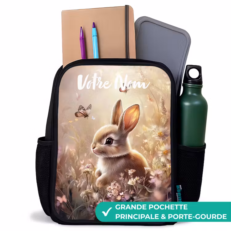 Sac à dos enfant avec votre nom - Noir - Lapin - Marron - Fleurs - Papillons — 10