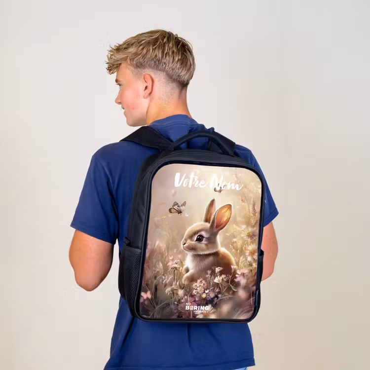 Sac à dos enfant avec votre nom - Noir - Lapin - Marron - Fleurs - Papillons — 5