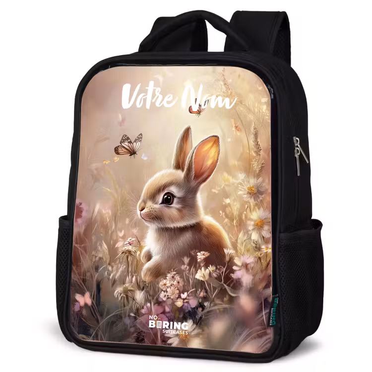 Sac à dos enfant avec votre nom - Noir - Lapin - Marron - Fleurs - Papillons — 6