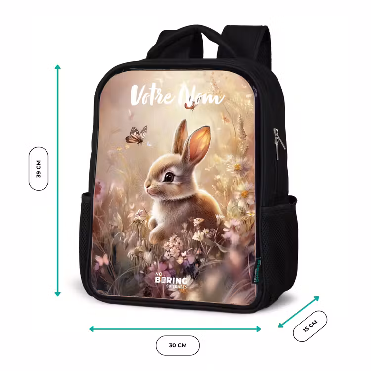 Sac à dos enfant avec votre nom - Noir - Lapin - Marron - Fleurs - Papillons — 8