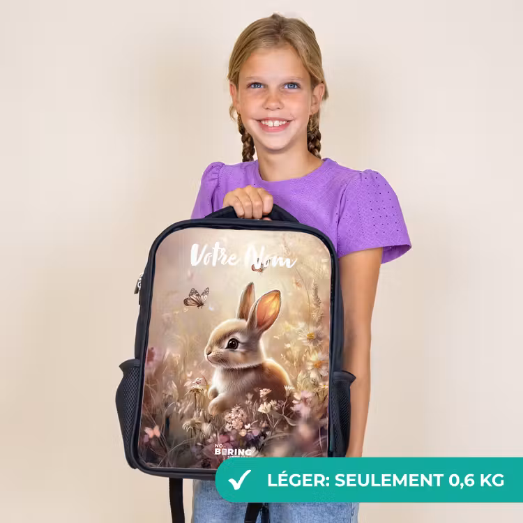 Sac à dos enfant avec votre nom - Noir - Lapin - Marron - Fleurs - Papillons — 9
