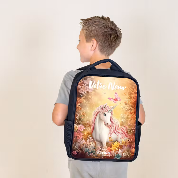 Sac à dos enfant avec votre nom - Noir - Licorne - Papillon - Rose - Crinière — 2