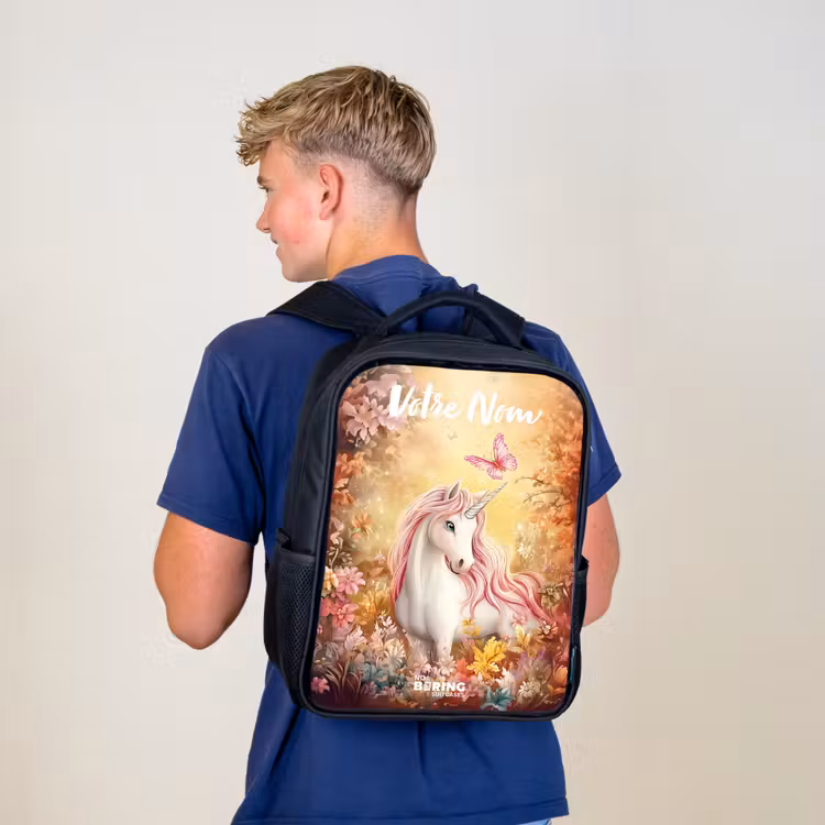 Sac à dos enfant avec votre nom - Noir - Licorne - Papillon - Rose - Crinière — 5