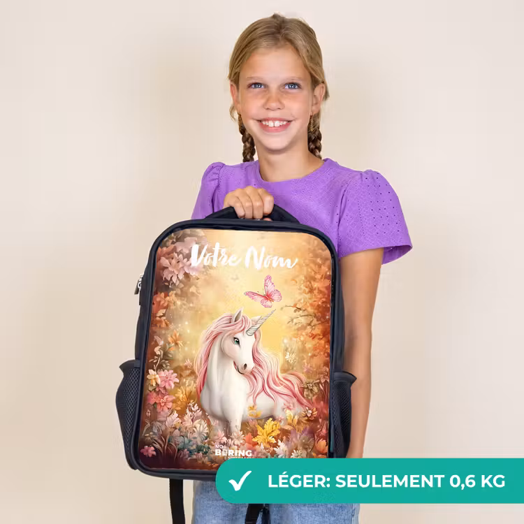 Sac à dos enfant avec votre nom - Noir - Licorne - Papillon - Rose - Crinière — 9