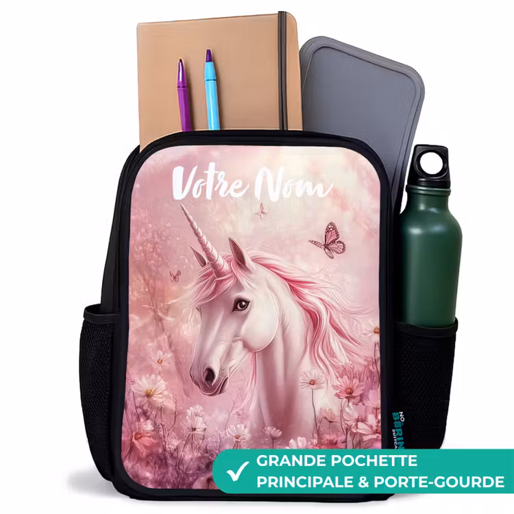 Sac à dos enfant avec votre nom - Noir - Licorne - Rose - Papillon - Fleurs — 10