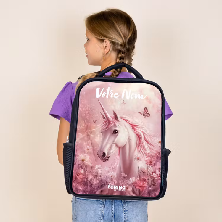 Sac à dos enfant avec votre nom - Noir - Licorne - Rose - Papillon - Fleurs — 4