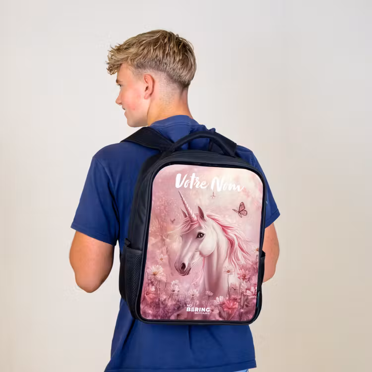 Sac à dos enfant avec votre nom - Noir - Licorne - Rose - Papillon - Fleurs — 5