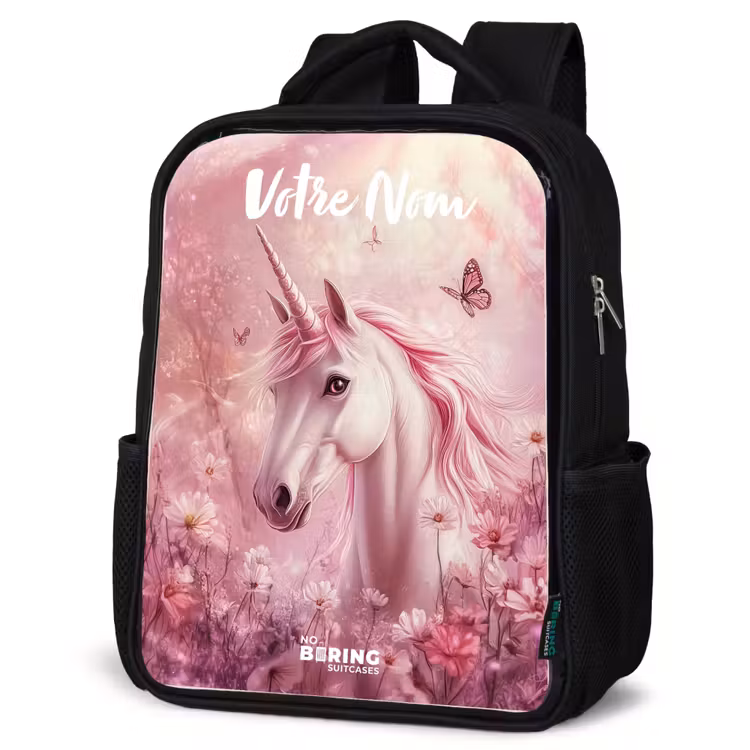 Sac à dos enfant avec votre nom - Noir - Licorne - Rose - Papillon - Fleurs — 6
