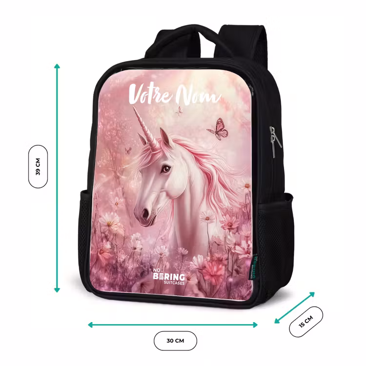 Sac à dos enfant avec votre nom - Noir - Licorne - Rose - Papillon - Fleurs — 8