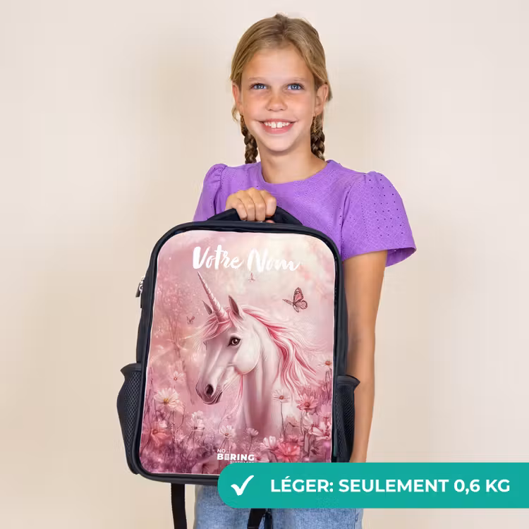 Sac à dos enfant avec votre nom - Noir - Licorne - Rose - Papillon - Fleurs — 9
