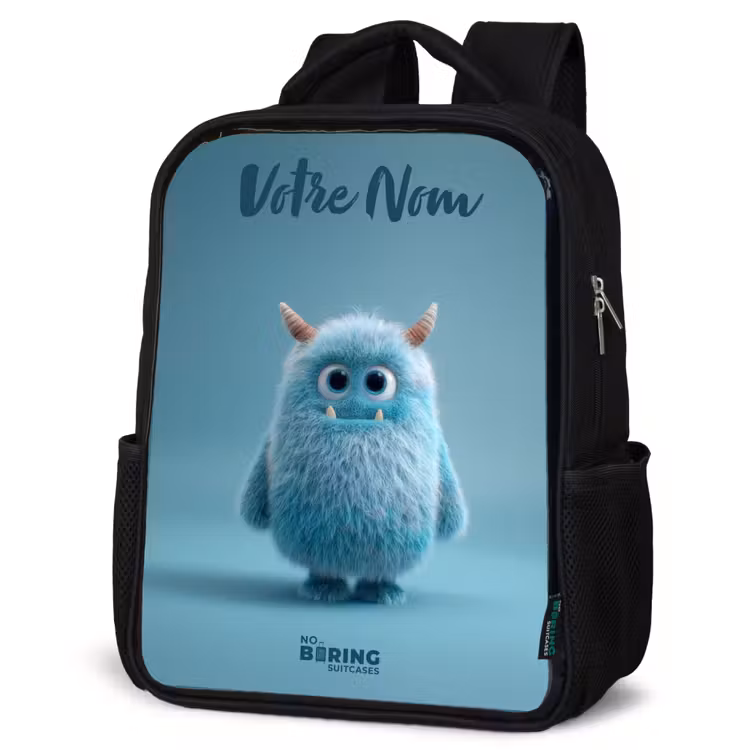 Sac à dos enfant avec votre nom - Noir - Monstre bleu en peluche avec des cornes — 6