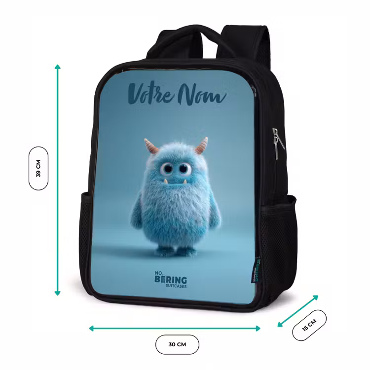 Sac à dos enfant avec votre nom - Noir - Monstre bleu en peluche avec des cornes — 8
