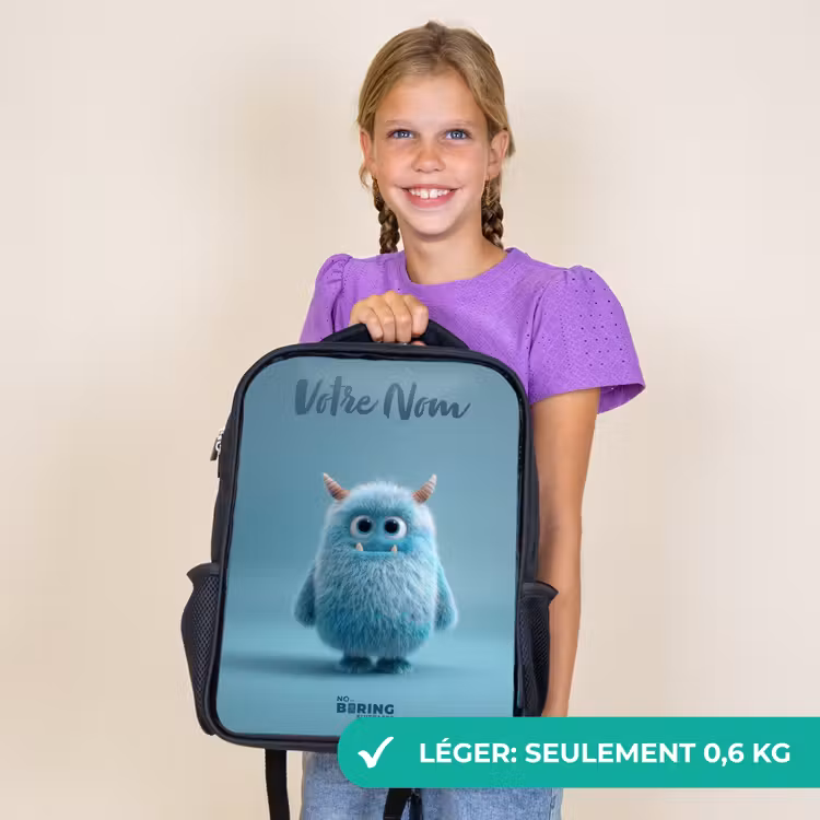 Sac à dos enfant avec votre nom - Noir - Monstre bleu en peluche avec des cornes — 9