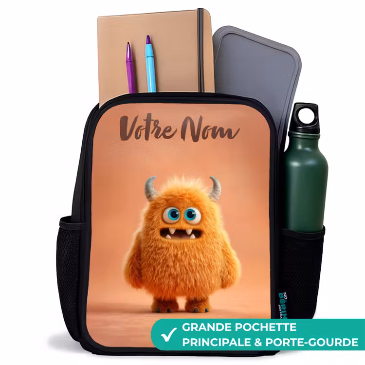 Sac à dos enfant avec votre nom - Noir - Monstre pelucheux orange avec cornes — 10