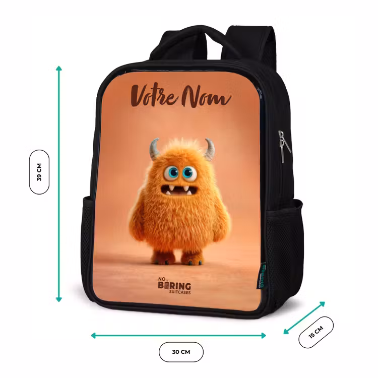 Sac à dos enfant avec votre nom - Noir - Monstre pelucheux orange avec cornes — 8