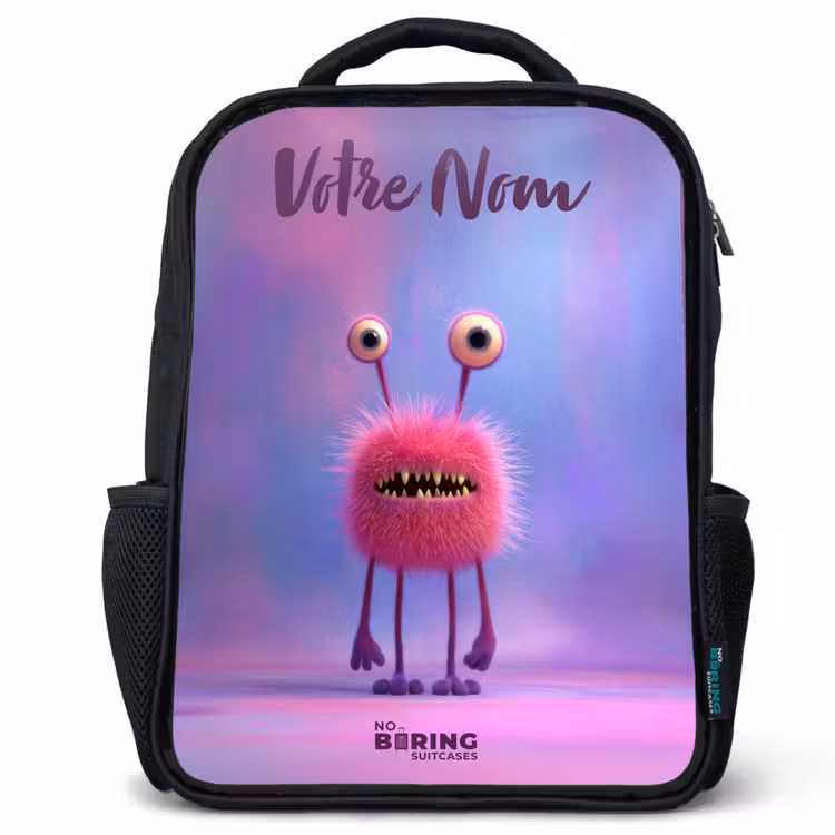 Sac à dos enfant avec votre nom - Noir - Monstre rose à fourrure avec de grands yeux — 1