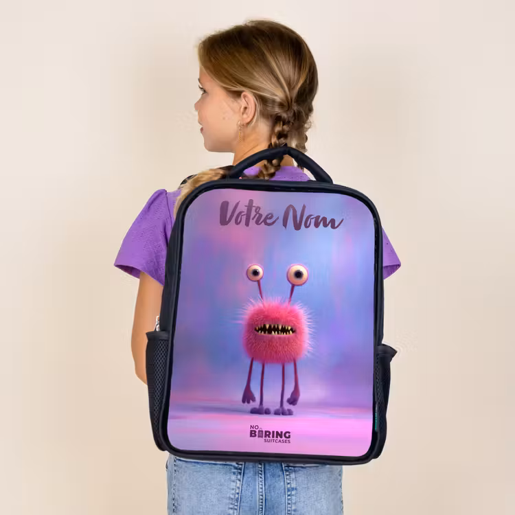 Sac à dos enfant avec votre nom - Noir - Monstre rose à fourrure avec de grands yeux — 4