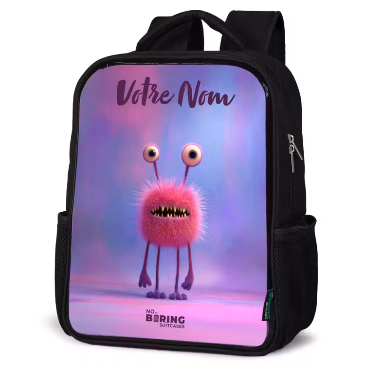 Sac à dos enfant avec votre nom - Noir - Monstre rose à fourrure avec de grands yeux — 6