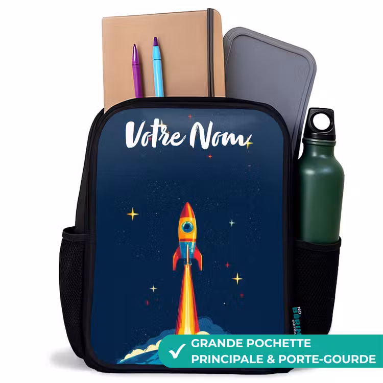 Sac à dos enfant avec votre nom - Noir - Planète - Fusée - Étoiles - Bleu foncé — 10