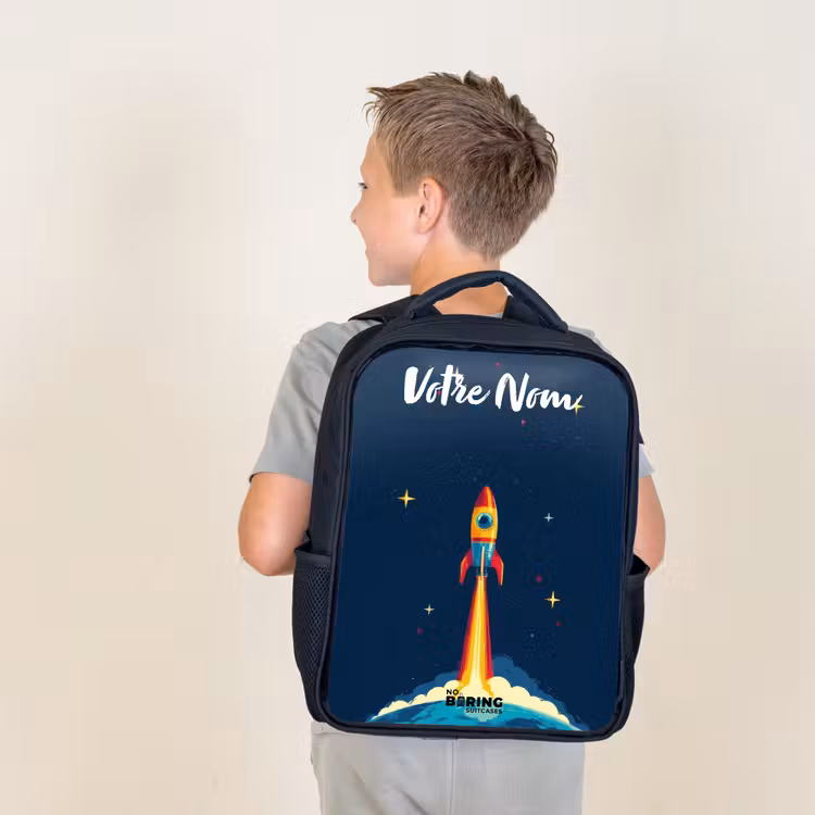 Sac à dos enfant avec votre nom - Noir - Planète - Fusée - Étoiles - Bleu foncé — 2