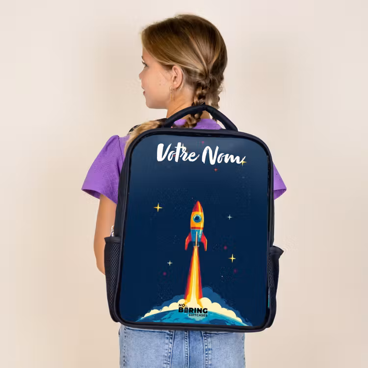 Sac à dos enfant avec votre nom - Noir - Planète - Fusée - Étoiles - Bleu foncé — 4