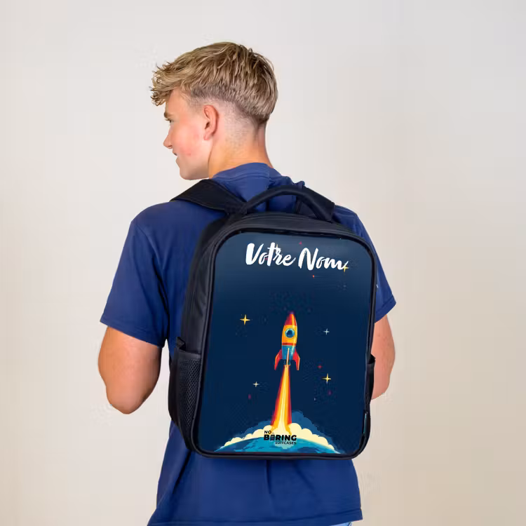 Sac à dos enfant avec votre nom - Noir - Planète - Fusée - Étoiles - Bleu foncé — 5