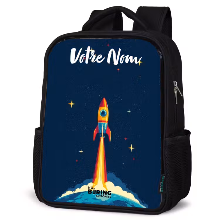Sac à dos enfant avec votre nom - Noir - Planète - Fusée - Étoiles - Bleu foncé — 6