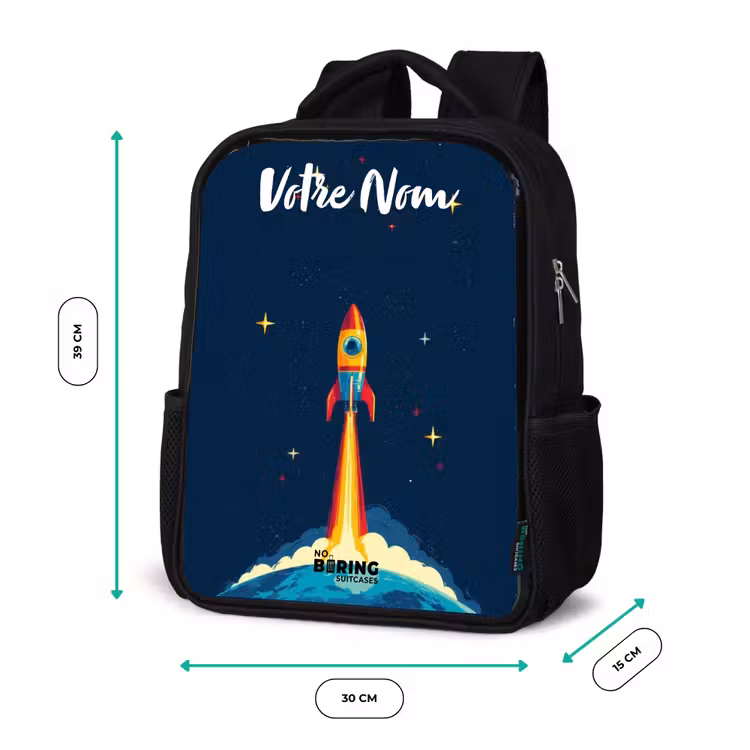 Sac à dos enfant avec votre nom - Noir - Planète - Fusée - Étoiles - Bleu foncé — 8